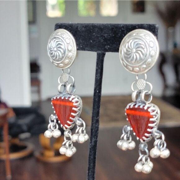 Sterling Red Handcrafted Glass Boho Artisan Drop Earrings - Picture 6 of 10